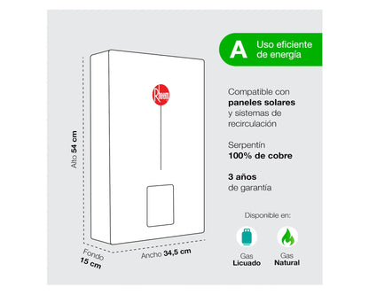 Calefont Ionizado Tiro Forzado 12 Litros Gas Natural Modulante Rheem