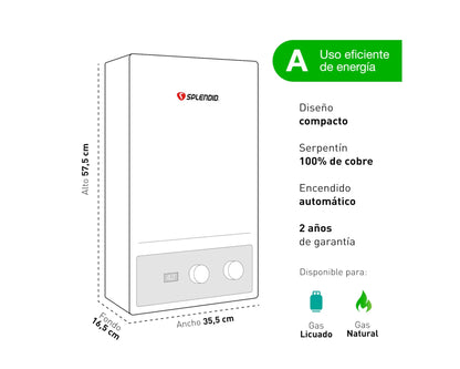 Calefont Ionizado Tiro Forzado 13 Litros Gas Licuado Master Splendid