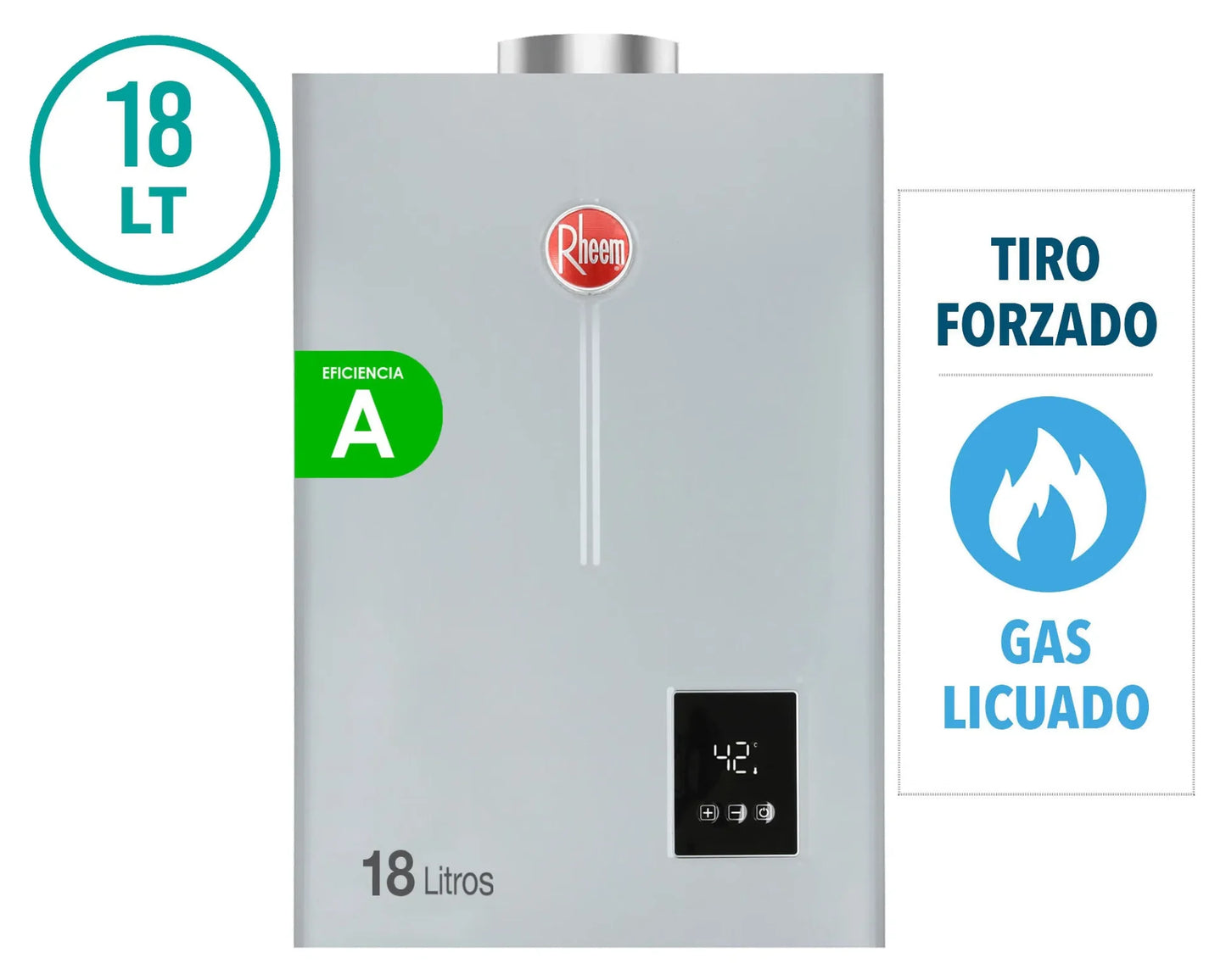 Calefont Ionizado Tiro Forzado 18 Litros Gas Licuado Modulante Prestige Rheem