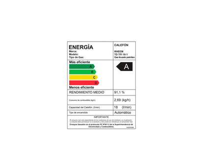 Calefont Ionizado Tiro Forzado 18 Litros Gas Licuado Modulante Prestige Rheem