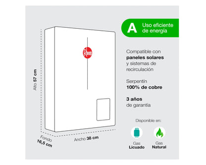 Calefont Ionizado Tiro Forzado 18 Litros Gas Licuado Modulante Prestige Rheem