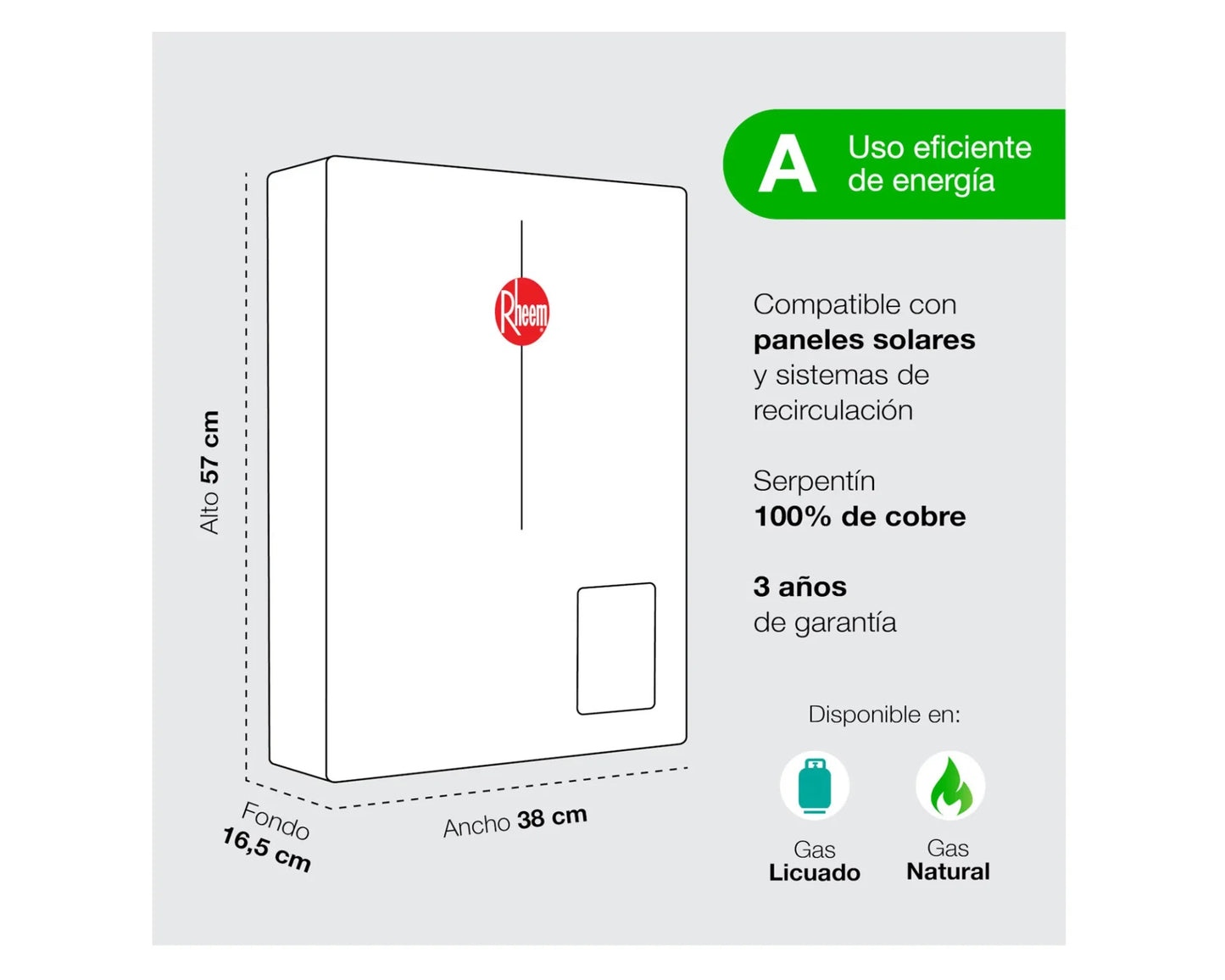 Calefont Ionizado Tiro Forzado 18 Litros Gas Natural Modulante Prestige Rheem