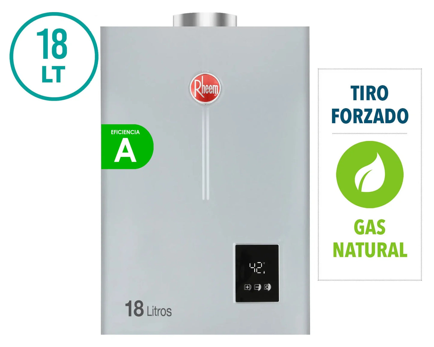 Calefont Ionizado Tiro Forzado 18 Litros Gas Natural Modulante Prestige Rheem