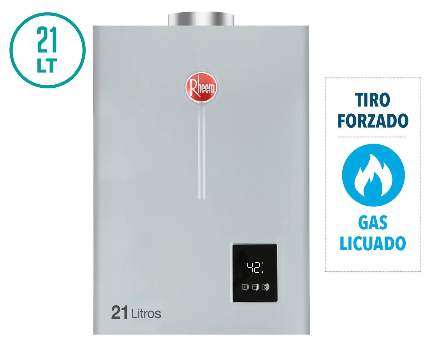 Calefont Ionizado Tiro Forzado 21 Litros Gas Licuado Modulante Prestige Rheem