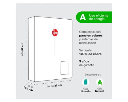 Calefont Ionizado Tiro Forzado 21 Litros Gas Licuado Modulante Prestige Rheem