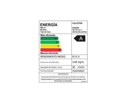 Calefont Ionizado Tiro Forzado 21 Litros Gas Licuado Modulante Prestige Rheem