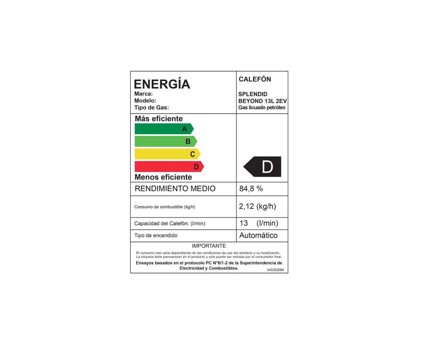 Calefont Ionizado Tiro Natural 13 Litros Gas Licuado Master Splendid