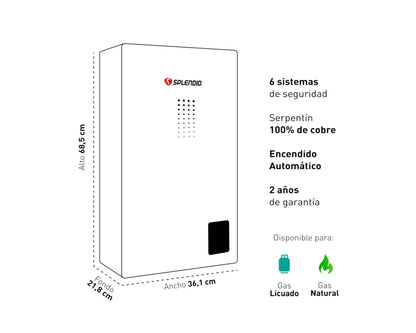 Calefont Ionizado Tiro Natural 14 Litros Gas Licuado Templatech Splendid