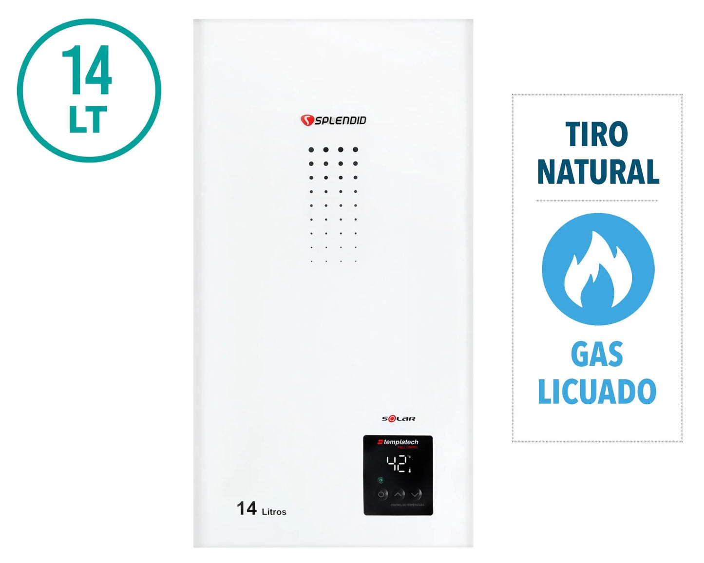 Calefont Ionizado Tiro Natural 14 Litros Gas Licuado Templatech Splendid