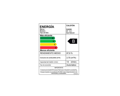 Calefont Tiro Natural 13 Litros Gas Natural Modulante Prestige Rheem