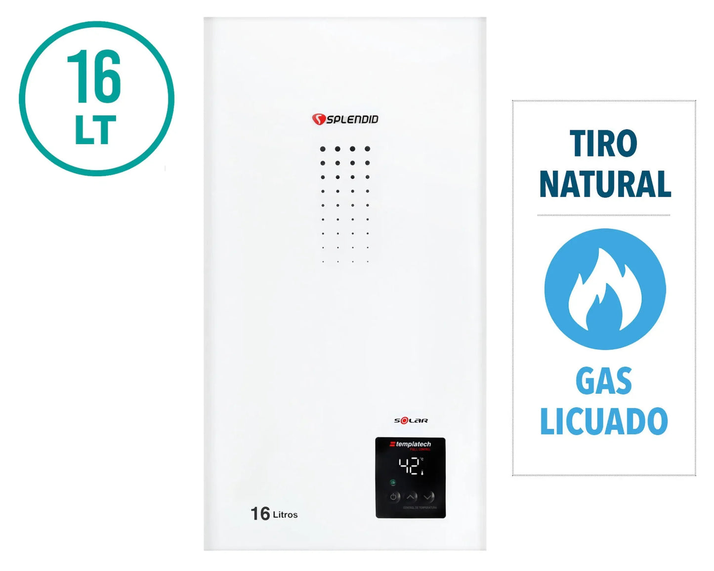 Calefont ionizado tiro natural 16 litros gas licuado Templatech Splendid