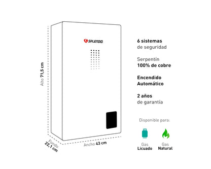 Calefont ionizado tiro natural 16 litros gas licuado Templatech Splendid