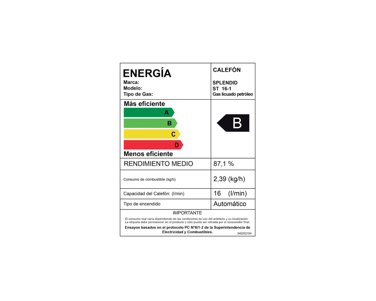 Calefont ionizado tiro natural 16 litros gas licuado Templatech Splendid
