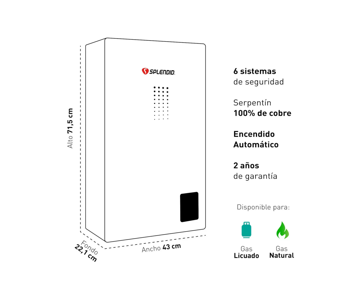 Calefont ionizado tiro natural 16 litros gas natural Templatech Splendid
