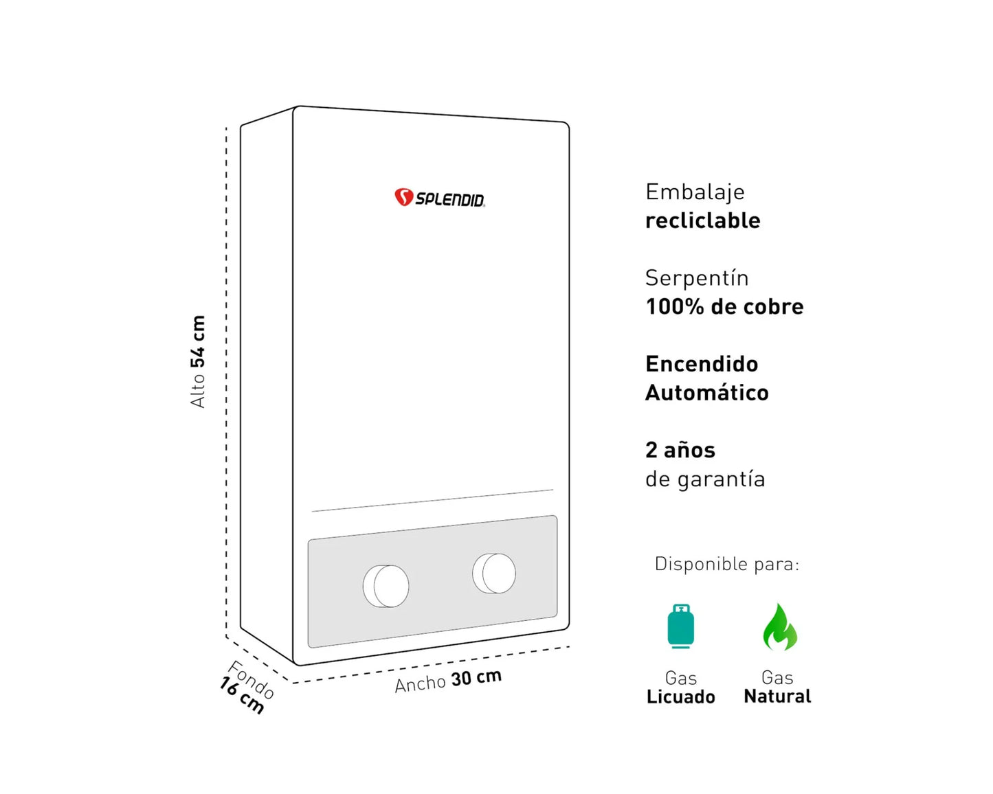 Calefont ionizado tiro natural 8 litros gas licuado Master Splendid
