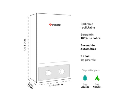 Calefont ionizado tiro natural 8 litros gas licuado Master Splendid